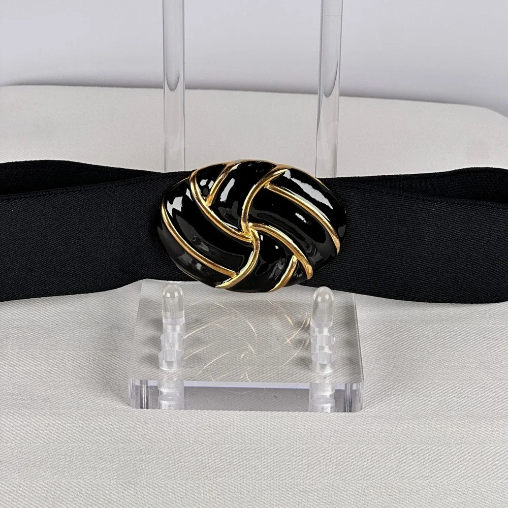 Vintage Day-Lor Black & Gold Enamel‎ Cinch Belt Sculptural Statement Elastic